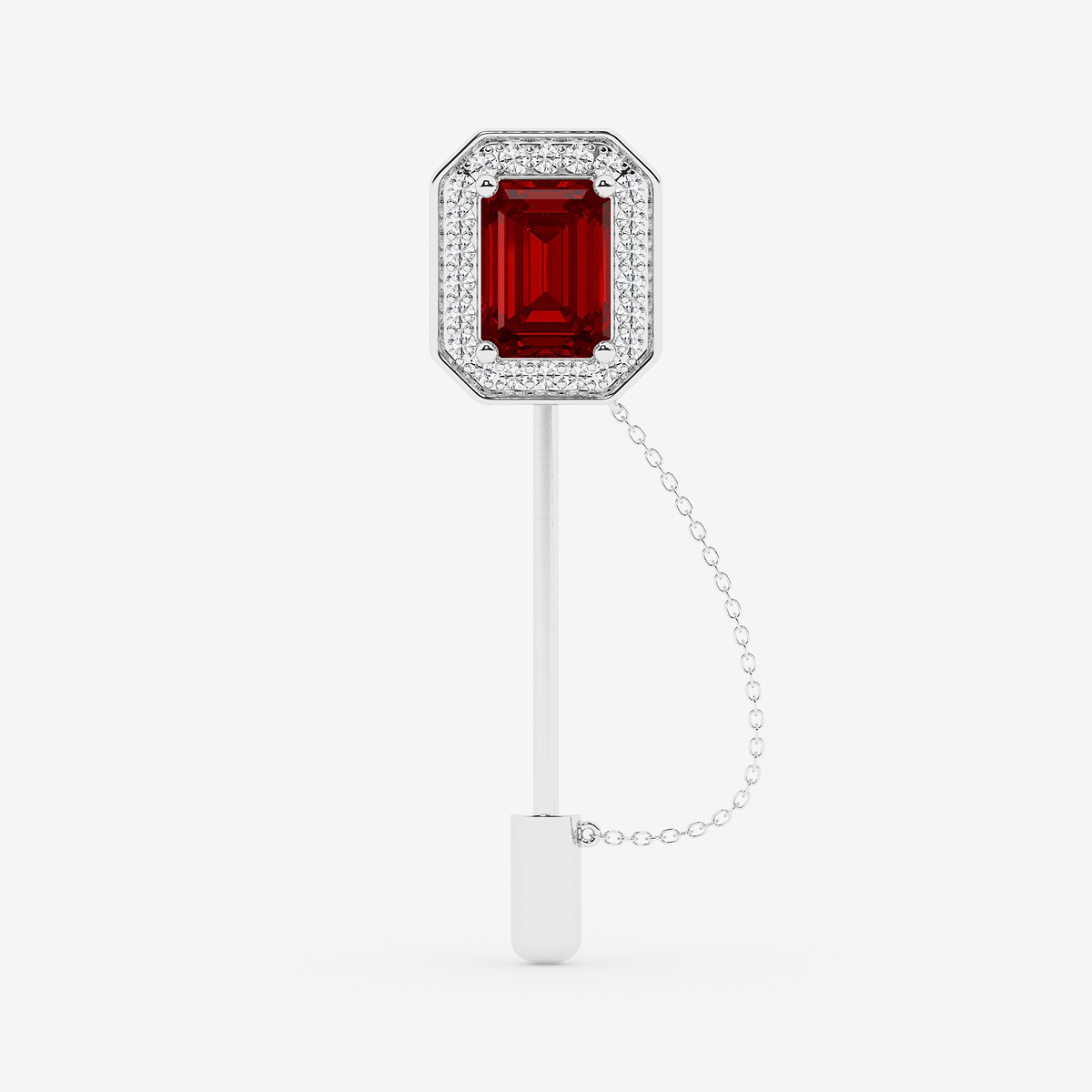 5 ctw Emerald Cut Ruby with Round Lab Grown Diamond Halo Lapel Pin